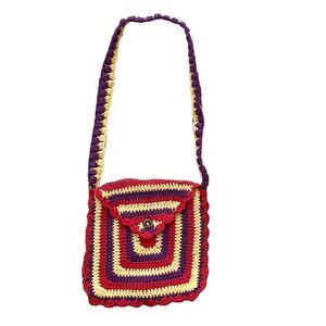 Hand Crafted Granny Square Kids Purse Red Yellow Wood Button Closer Kidcore